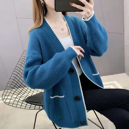 Contrast Trim Button-Up Cardigan