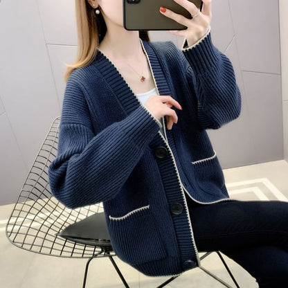 Contrast Trim Button-Up Cardigan