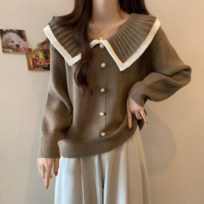 Collared Faux Pearl Button-Up Cardigan