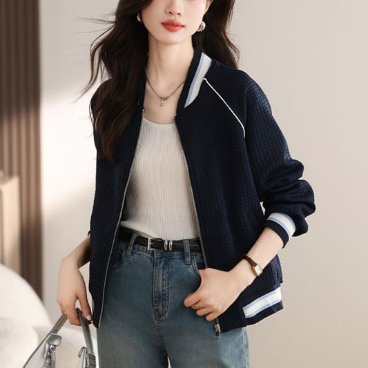 Stripe Trim Zip Knit Cardigan