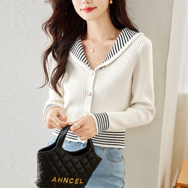 Stripe Trim Ribbed Pearl Button Cardigan