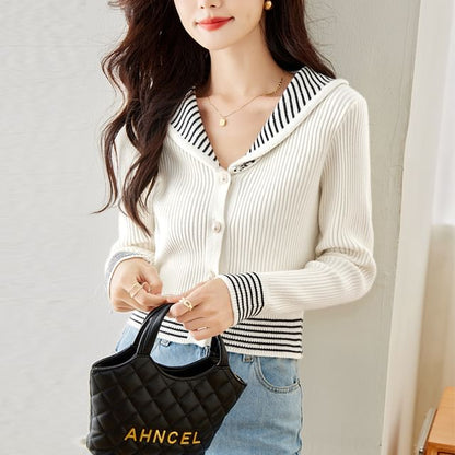 Stripe Trim Ribbed Pearl Button Cardigan