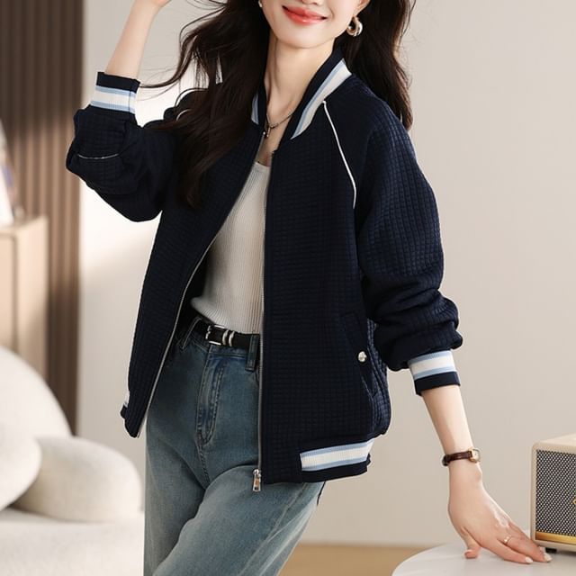 Stripe Trim Zip Knit Cardigan
