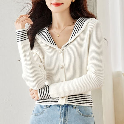 Stripe Trim Ribbed Pearl Button Cardigan