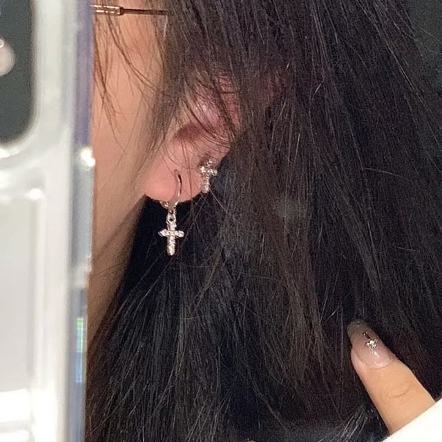 Asymmetrical Rhinestone Cross Drop Earring Alloy