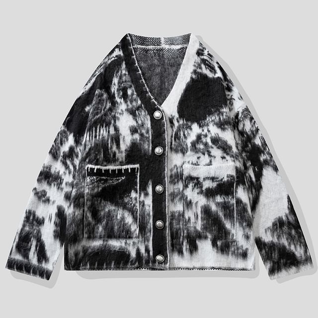 V-Neck Tie Dye Button Cardigan