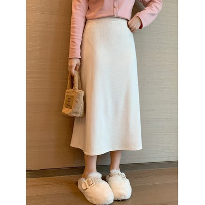 Slit Midi A-Line Skirt with High Waist and Plain Fabric