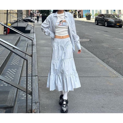 Tiered Maxi A-Line Skirt with Mid-Rise Waistband