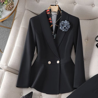 Double-Breasted Blazer, High-Rise Pencil Skirt, and Suit Trousers Set