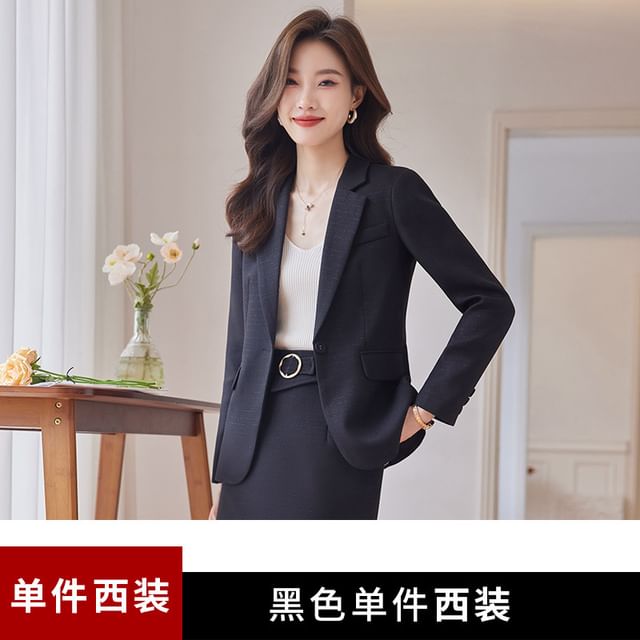 Single-Button Blazer with High-Rise Midi Pencil Skirt Set