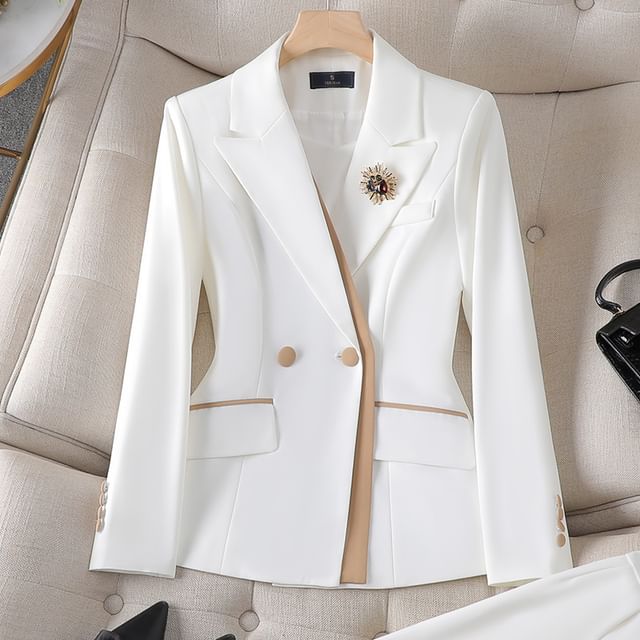 Peak Lapel Double-Breasted Blazer, High-Rise Pencil Skirt, and Slacks Set