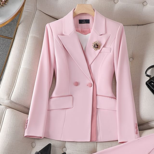 Peak Lapel Double-Breasted Blazer, High-Rise Pencil Skirt, and Slacks Set