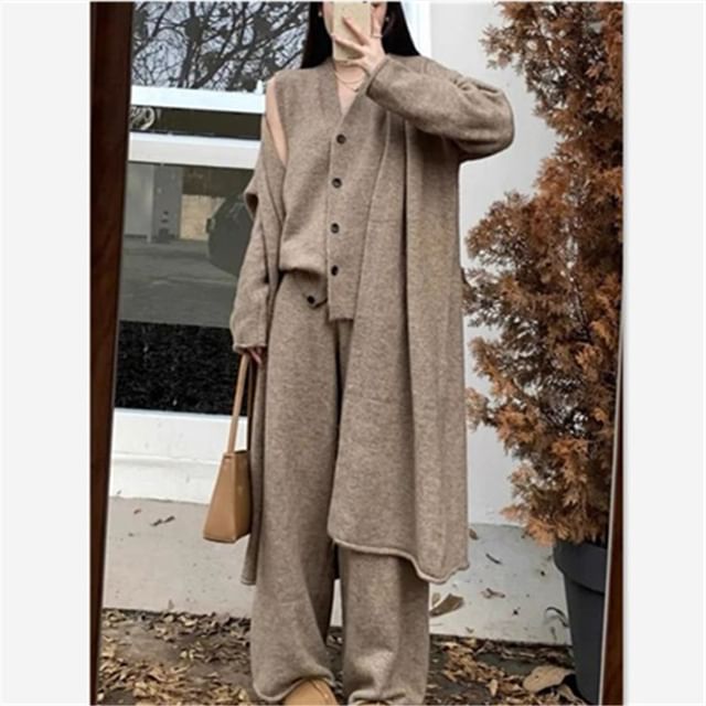 Midi Open Front Cardigan Vest & Wide Leg Pants Set