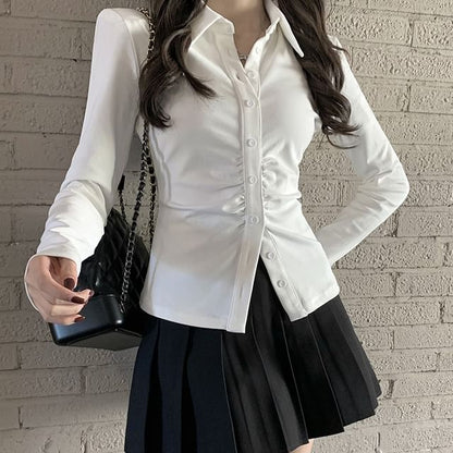 Tailored Slim-Fit Ruched Button Shirt with High-Rise Pleated Mini A-Line Skirt