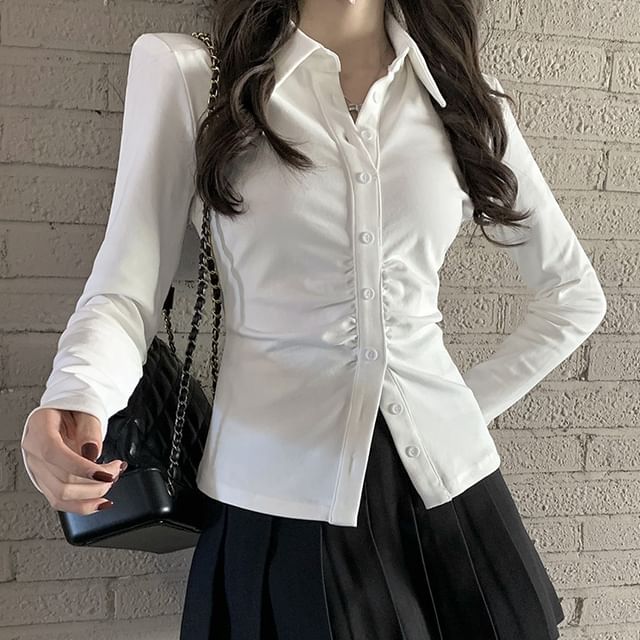 Tailored Slim-Fit Ruched Button Shirt with High-Rise Pleated Mini A-Line Skirt