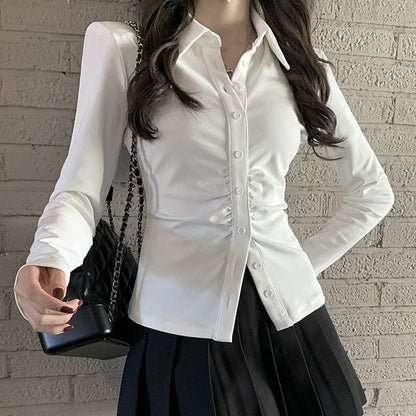 Tailored Slim-Fit Ruched Button Shirt with High-Rise Pleated Mini A-Line Skirt