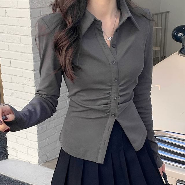 Tailored Slim-Fit Ruched Button Shirt with High-Rise Pleated Mini A-Line Skirt