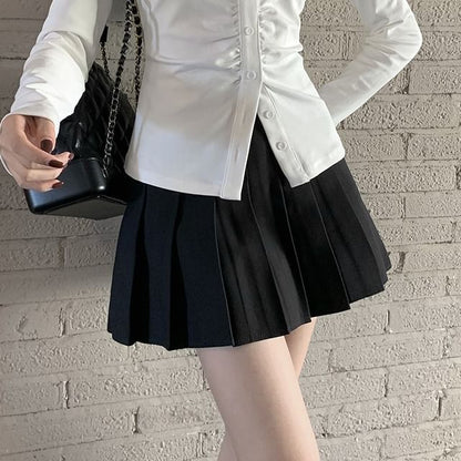 Tailored Slim-Fit Ruched Button Shirt with High-Rise Pleated Mini A-Line Skirt