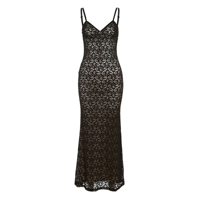 Thin Strap V-Neck Lace Maxi Sheath Dress
