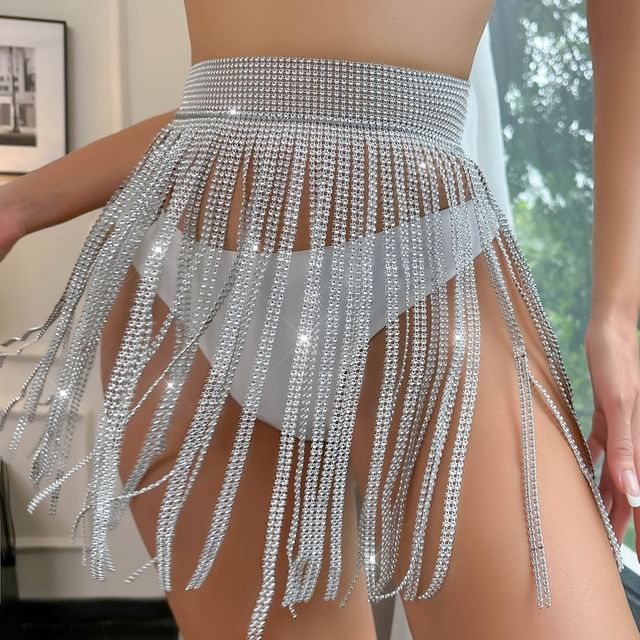 High-Waist Rhinestone Fringed Mini Skirt with Sparkle