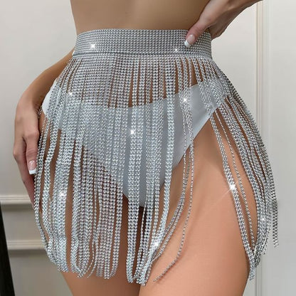 High-Waist Rhinestone Fringed Mini Skirt with Sparkle