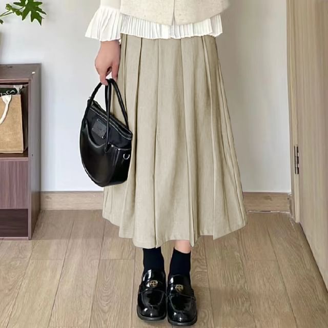 High-Rise Accordion Pleat Maxi A-Line Skirt in Solid Tone