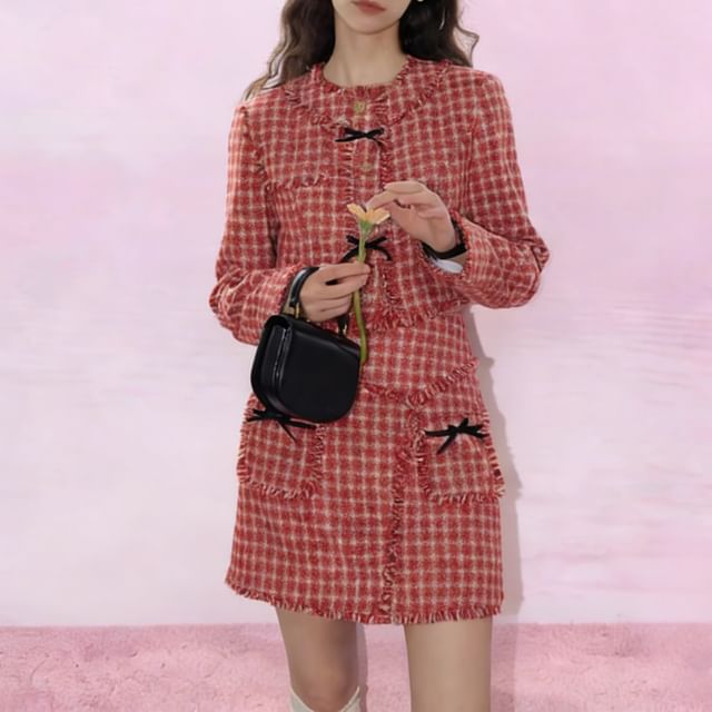 Plaid Fringed Trim Cropped Jacket with High-Rise Mini Pencil Skirt
