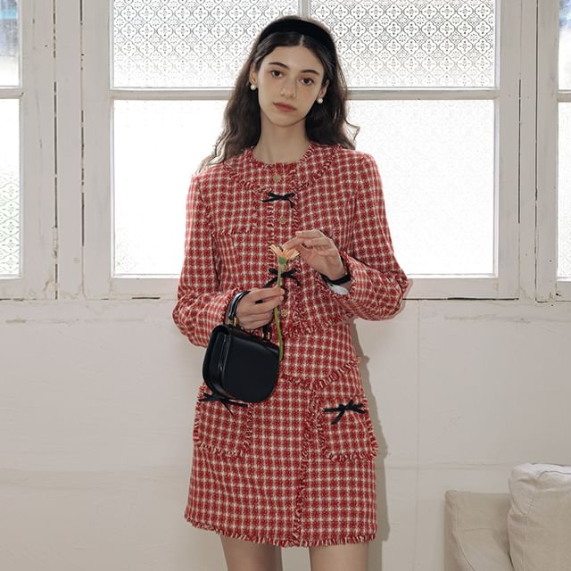 Plaid Fringed Trim Cropped Jacket with High-Rise Mini Pencil Skirt