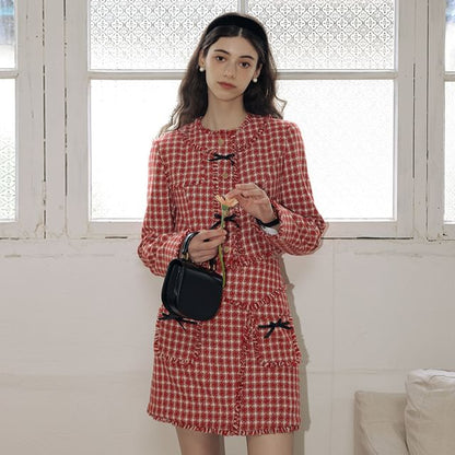 Plaid Fringed Trim Cropped Jacket with High-Rise Mini Pencil Skirt