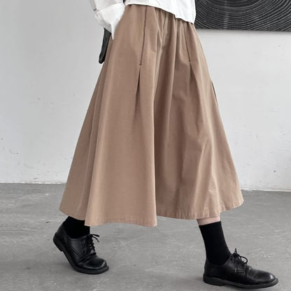 High-Waist Contrast Stitched Midi A-Line Skirt