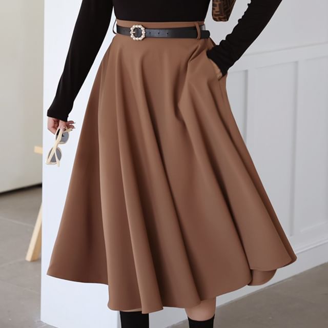 High-Waist Solid Midi A-Line Skirt with Clean Lines