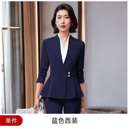 V-Neck Blouse, Peplum Blazer, High-Rise Pencil Skirt, and Straight-Leg Trousers Set