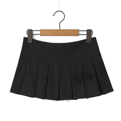 Low-Rise Bow Accent Pleated Slit Mini A-Line Skirt