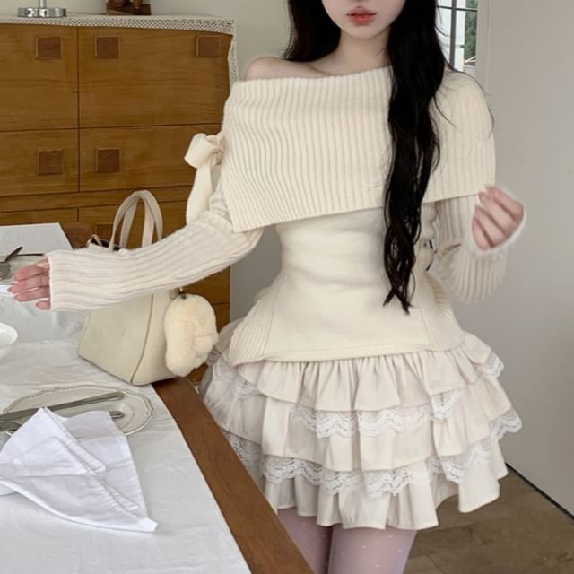 Cold Shoulder Knit Sweater with Mid-Rise Mini Tiered Skirt