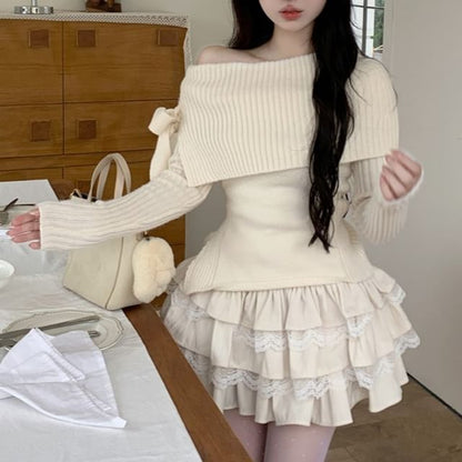 Cold Shoulder Knit Sweater with Mid-Rise Mini Tiered Skirt