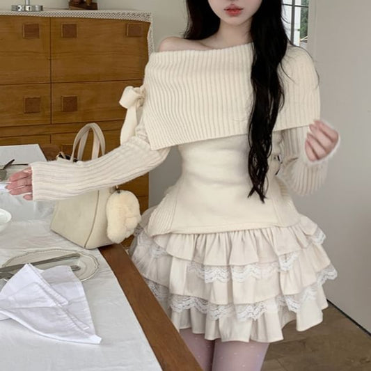 Cold Shoulder Knit Sweater with Mid-Rise Mini Tiered Skirt
