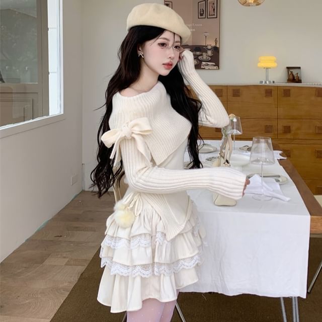 Cold Shoulder Knit Sweater with Mid-Rise Mini Tiered Skirt