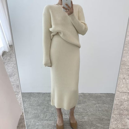 Crewneck Sweater and High-Waist Midi Skirt Matching Set