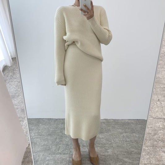Crewneck Sweater and High-Waist Midi Skirt Matching Set