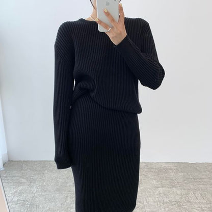 Crewneck Sweater and High-Waist Midi Skirt Matching Set