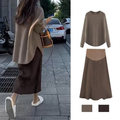 Maternity Long-Sleeve Crew Sweater, High-Rise Midi Skirt, and Strap Dress Set