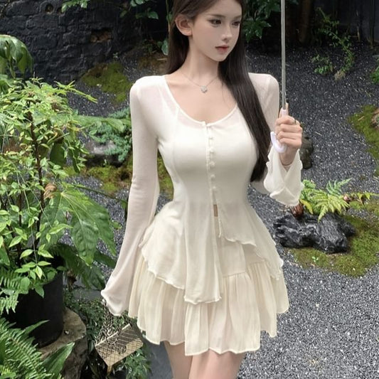 Flared-Sleeve Asymmetrical Tee, Cropped Camisole, and Mini A-Line Skirt