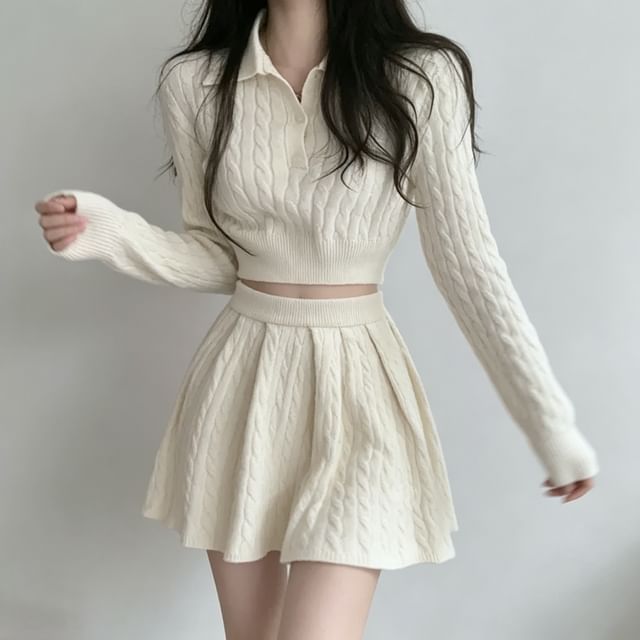 Cable Knit Polo Top and Mini A-Line Skirt Matching Set