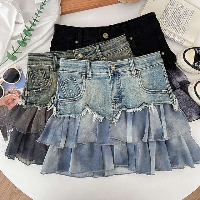 Tie Dye Ruffle Panel Frayed Mini A-Line Denim Skirt
