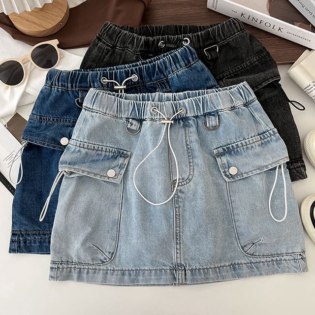 Drawstring Waist Washed Denim Mini Pencil Cargo Skirt