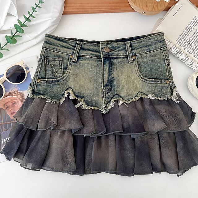 Tie Dye Ruffle Panel Frayed Mini A-Line Denim Skirt