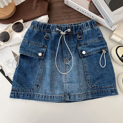 Drawstring Waist Washed Denim Mini Pencil Cargo Skirt