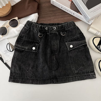 Drawstring Waist Washed Denim Mini Pencil Cargo Skirt