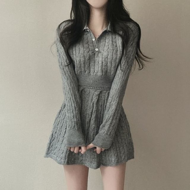 Cable Knit Polo Top and Mini A-Line Skirt Matching Set