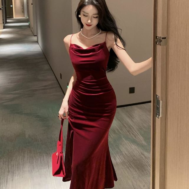 Cowl Neck Slit Mermaid Midi Dress